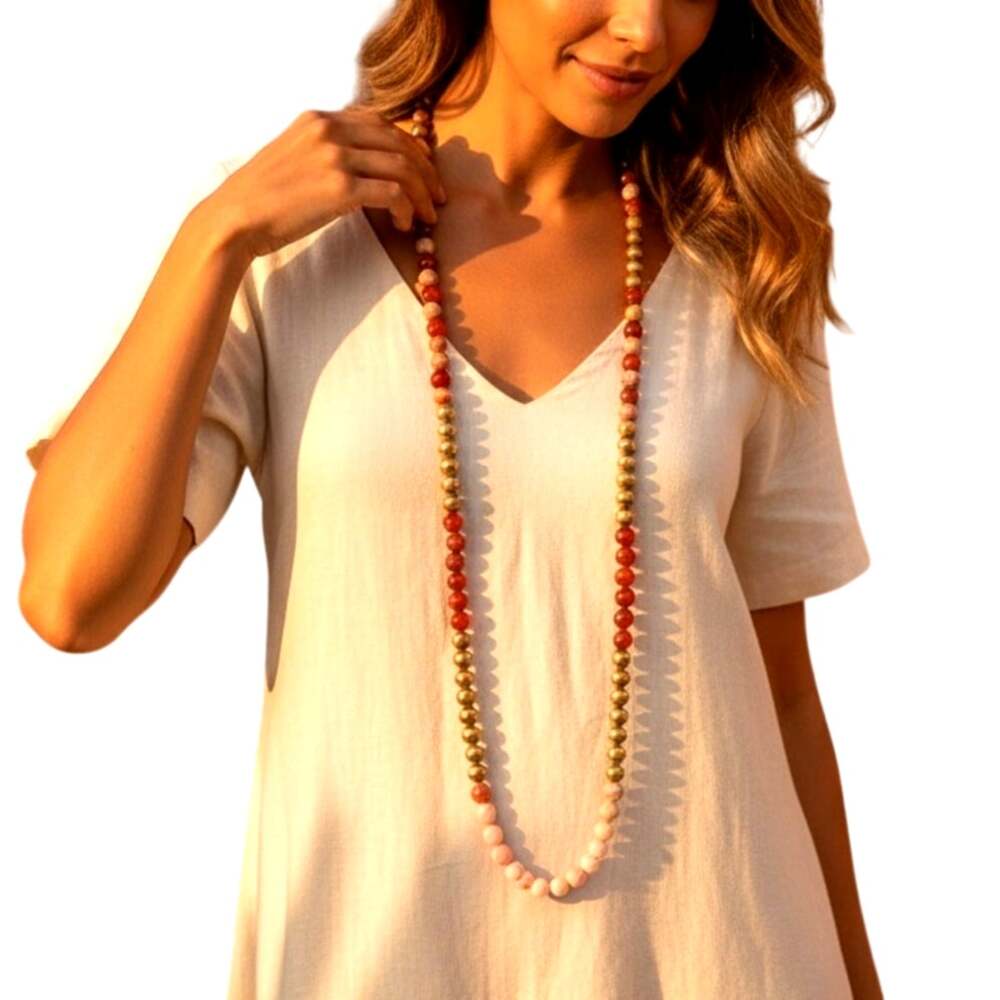 Artisan Carnelian Red Jasper Long Beaded Necklace Boho 28-35”